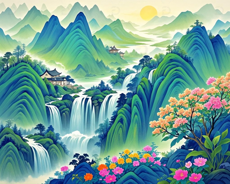 高清大图下载【趣麦麦图】​青绿国潮山水花草2