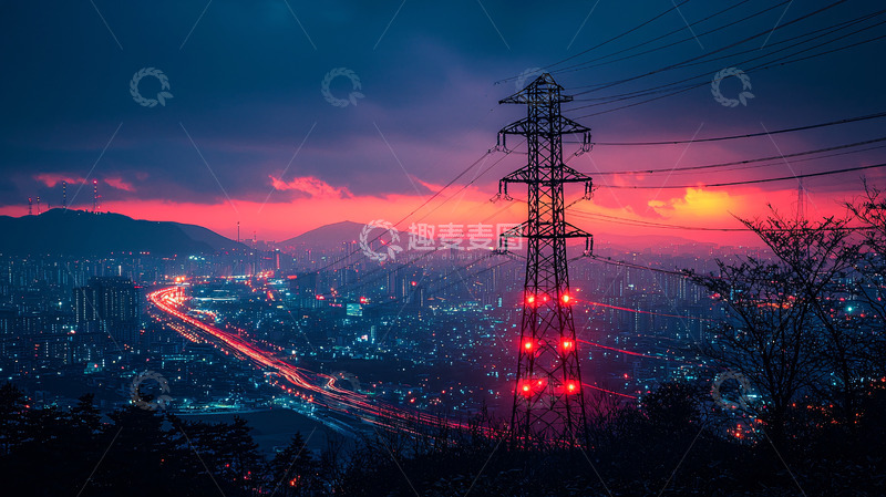 高清大图下载【趣麦麦图】日落城市夜景高塔