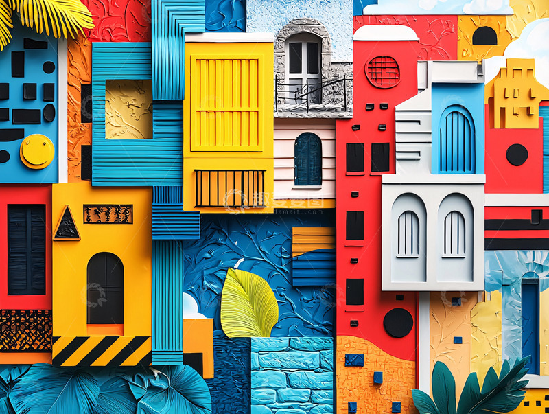 高清大图下载【趣麦麦图】色彩鲜明建筑风格拼贴画