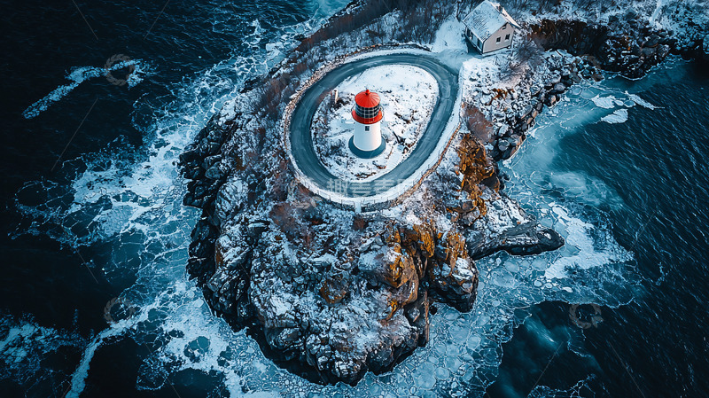 高清大图下载【趣麦麦图】冰雪覆盖的岛屿灯塔