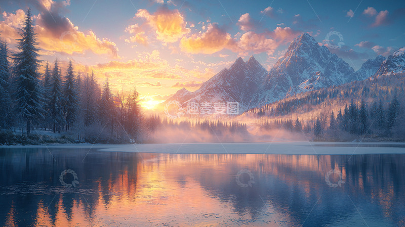 高清大图下载【趣麦麦图】雪山日落湖泊倒影