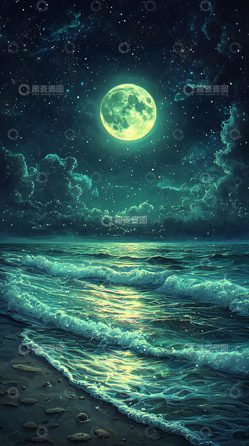 高清大图下载【趣麦麦图】海边夜晚月亮星空