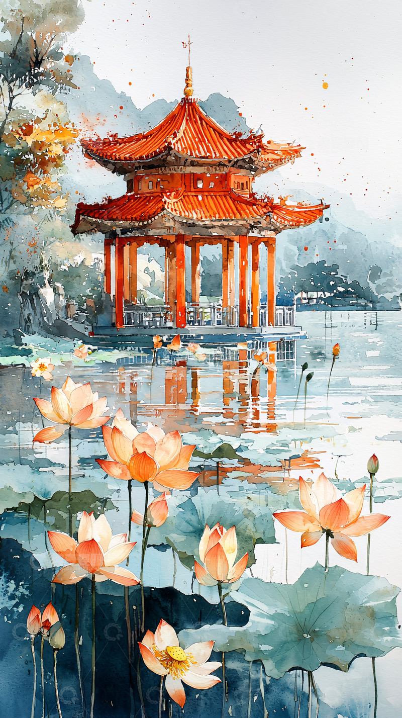 高清大图下载【趣麦麦图】水彩风格中国古典亭台楼阁