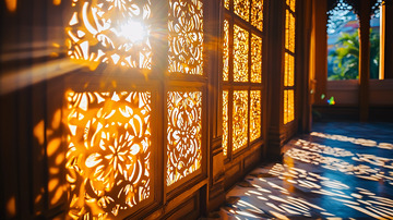 阳光透过木雕窗格