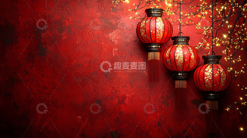 高清大图下载【趣麦麦图】红墙背景下中国红灯笼