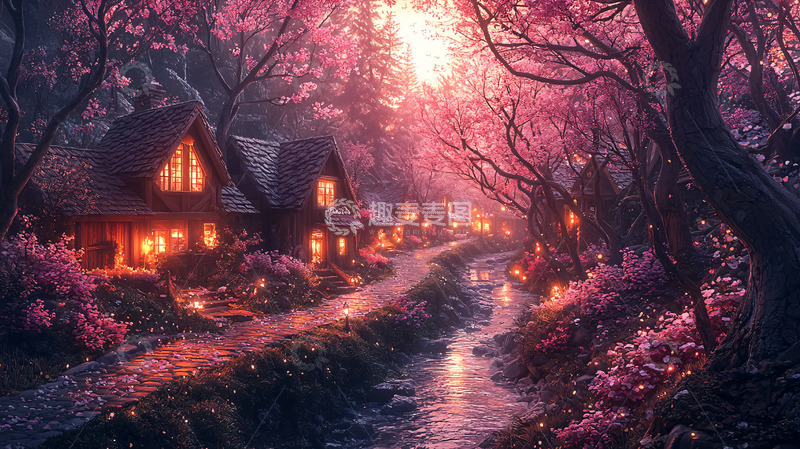 高清大图下载【趣麦麦图】梦幻樱花小镇夜景