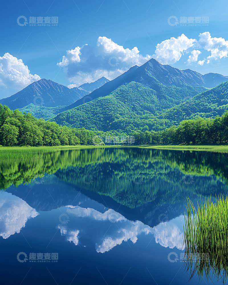 高清大图下载【趣麦麦图】平静湖面映衬蓝天白云青山