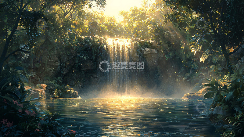 高清大图下载【趣麦麦图】阳光透过树林照射瀑布