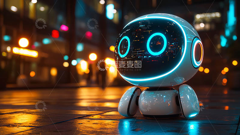 高清大图下载【趣麦麦图】夜晚街道上的可爱小机器人