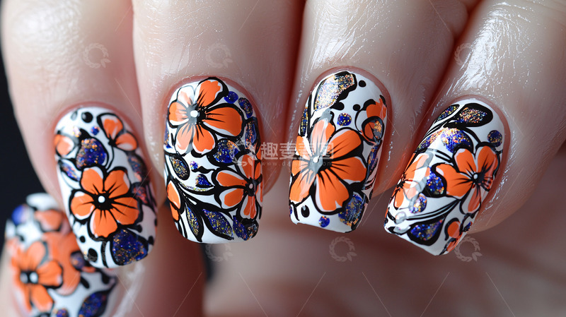 高清大图下载【趣麦麦图】橙色花朵美甲