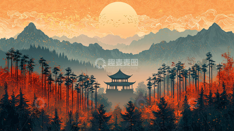 高清大图下载【趣麦麦图】日出山峦古寺