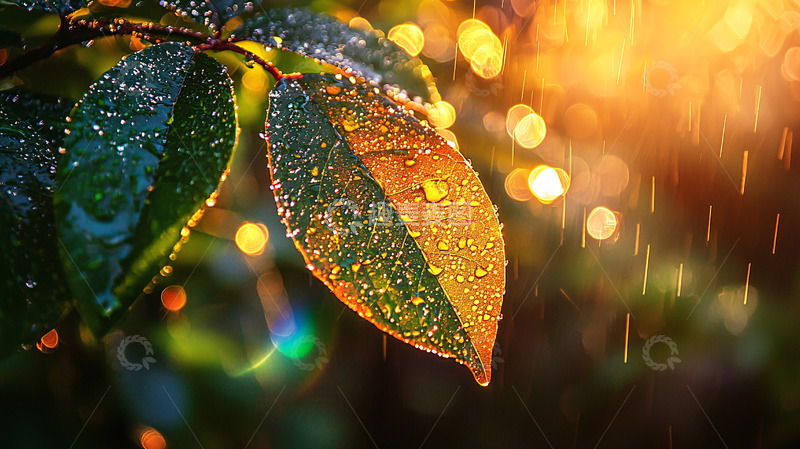 叶子上的雨滴阳光照耀