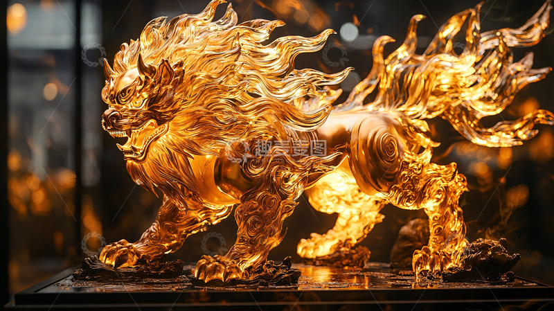 高清大图下载【趣麦麦图】金色火焰神兽雕塑