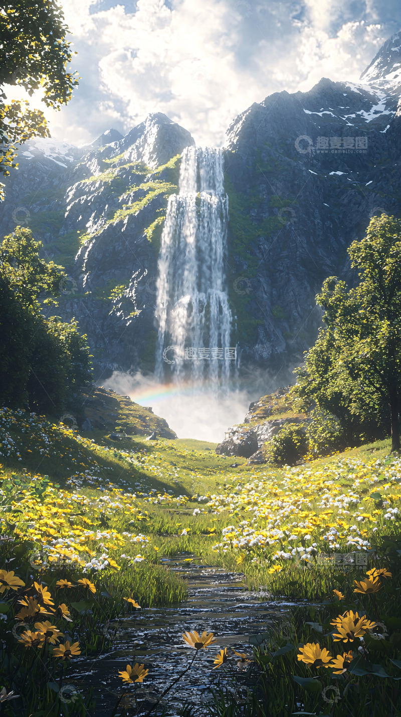 高清大图下载【趣麦麦图】山间瀑布鲜花盛开