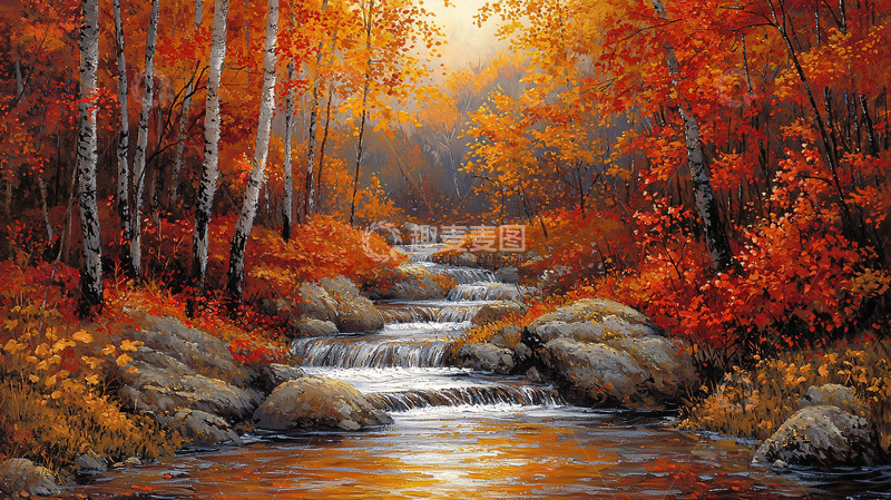 高清大图下载【趣麦麦图】秋日森林小溪瀑布