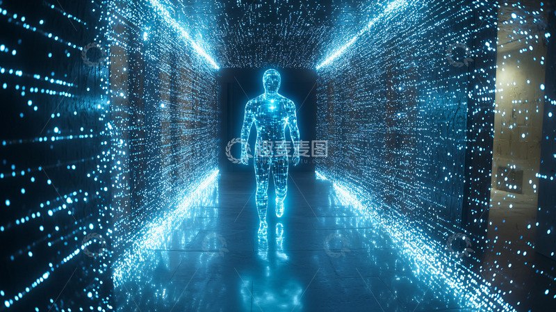 高清大图下载【趣麦麦图】虚拟人站在科技感通道中