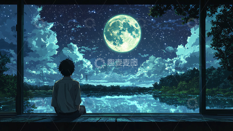 高清大图下载【趣麦麦图】窗边男孩看满月夜景