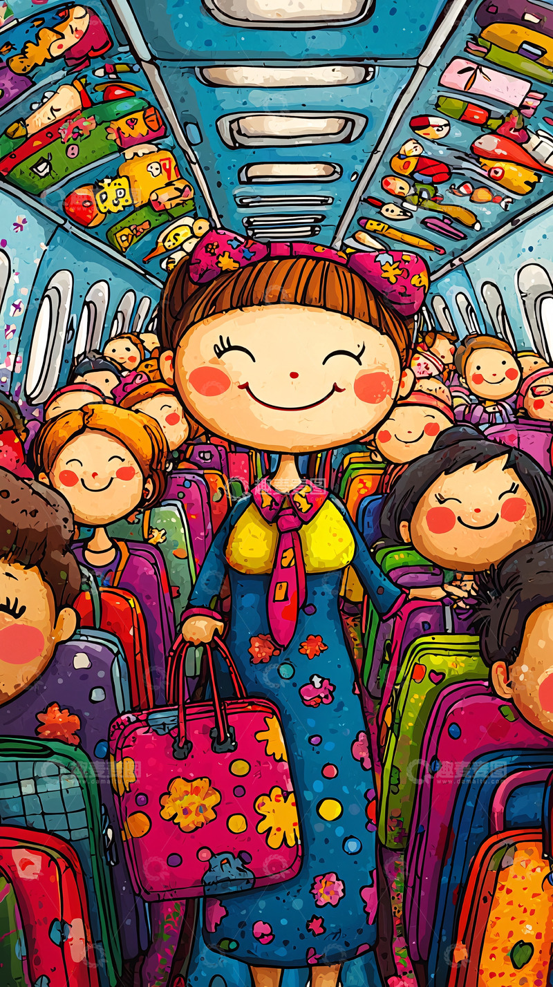 高清大图下载【趣麦麦图】飞机上充满行李和微笑的人们