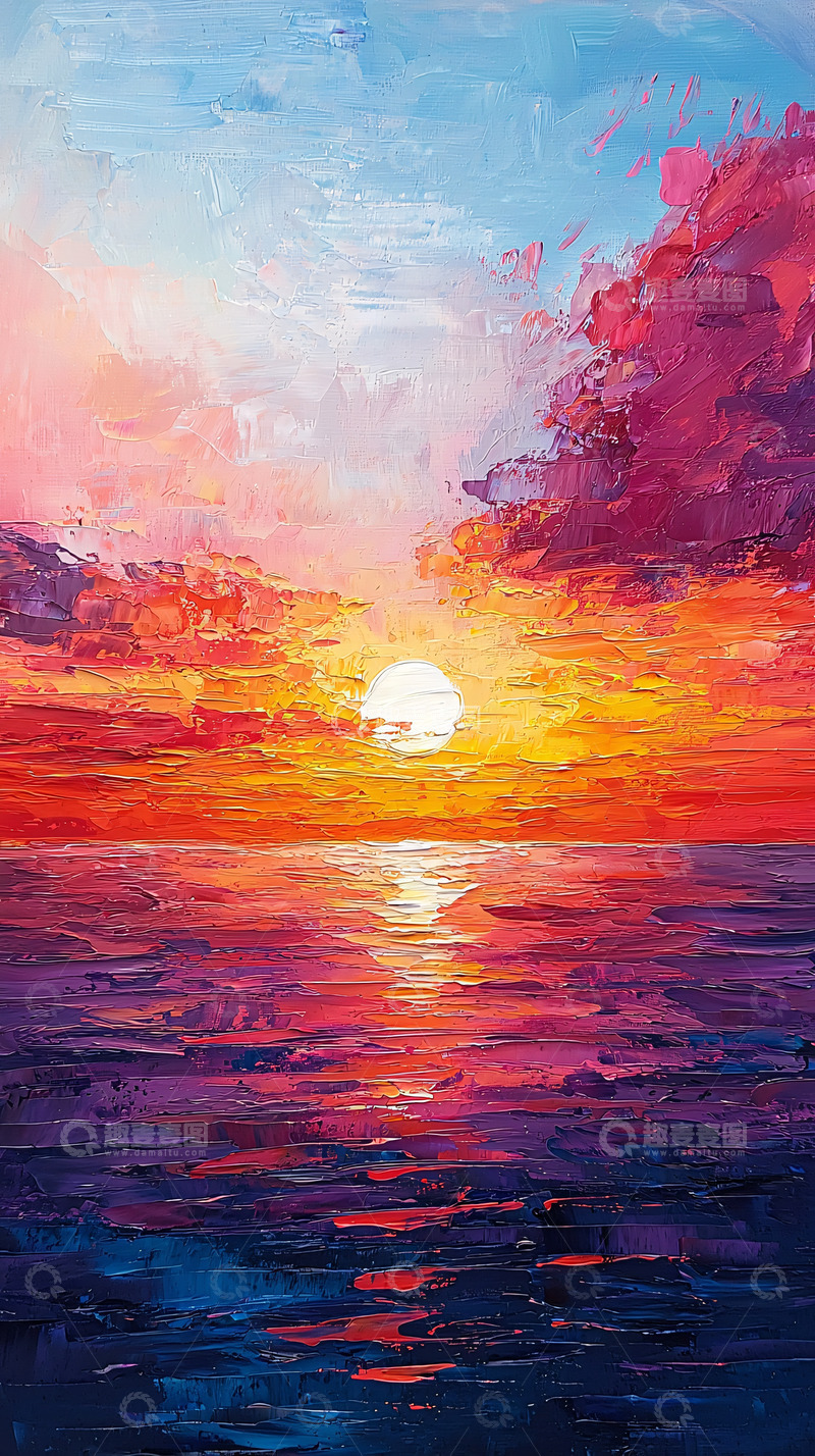 高清大图下载【趣麦麦图】色彩绚丽的日落海景油画