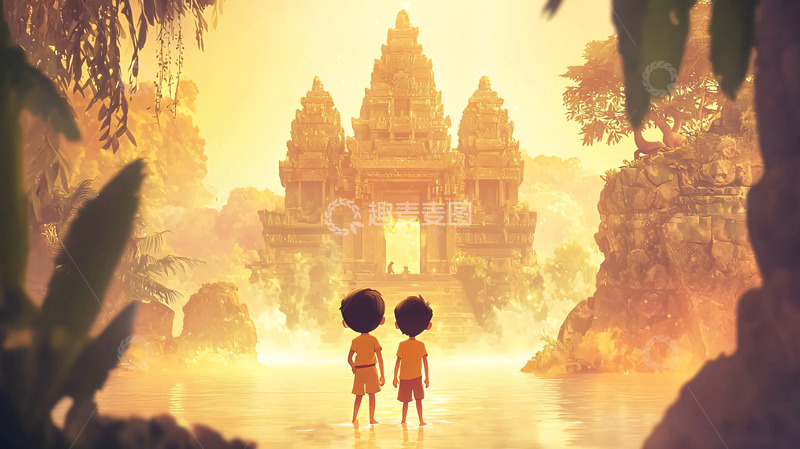 高清大图下载【趣麦麦图】日落古寺前两个孩子