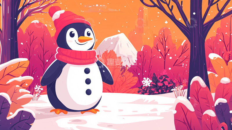 高清大图下载【趣麦麦图】戴红帽围巾的企鹅雪地
