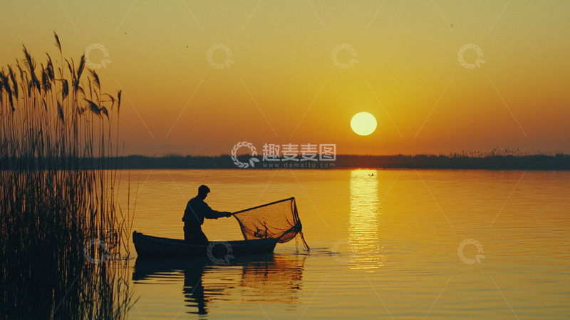 高清大图下载【趣麦麦图】日落时分渔夫捕鱼
