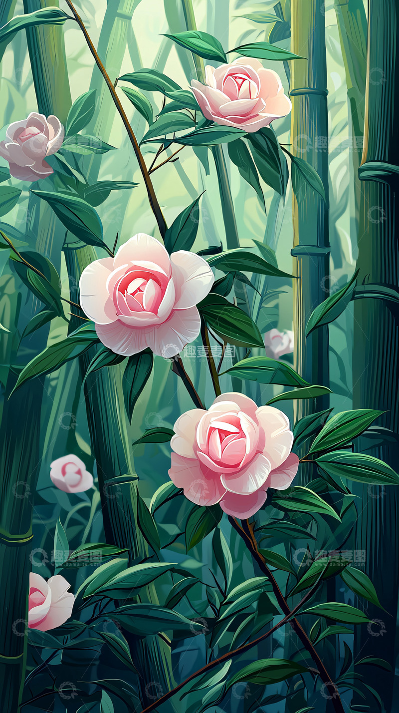 高清大图下载【趣麦麦图】粉色山茶花竹林