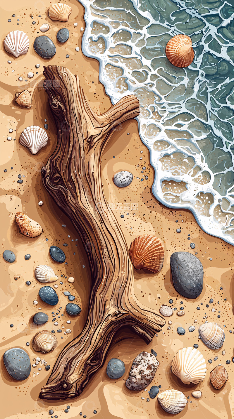 高清大图下载【趣麦麦图】海滩上的木头贝壳和海浪