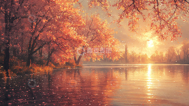 高清大图下载【趣麦麦图】秋日湖边落日余晖