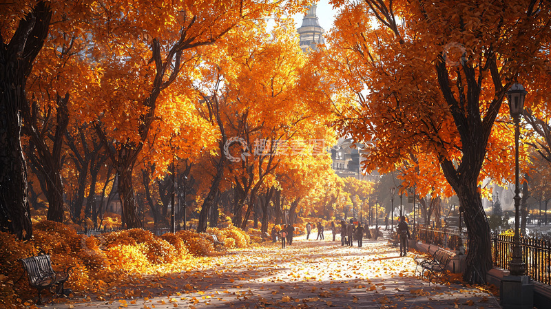 高清大图下载【趣麦麦图】秋日金黄落叶小路