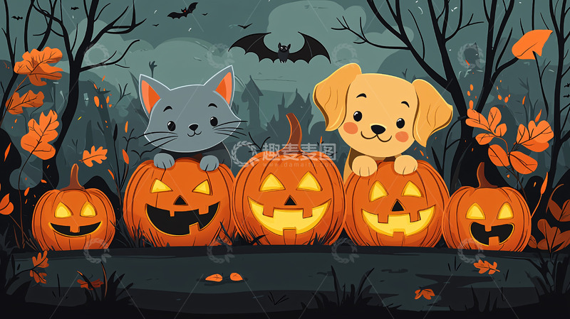 高清大图下载【趣麦麦图】万圣节猫咪狗狗南瓜