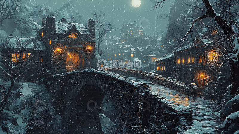 高清大图下载【趣麦麦图】冬日雪夜下的古老村庄