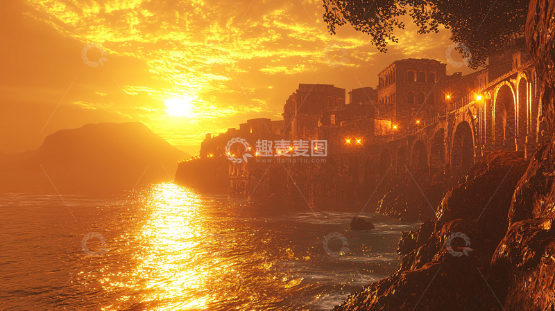 高清大图下载【趣麦麦图】金色夕阳下的海边小镇