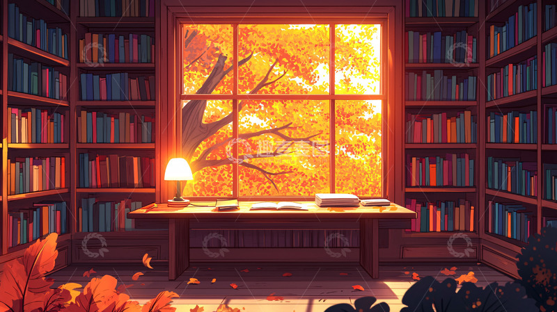 高清大图下载【趣麦麦图】秋日阳光下的书房