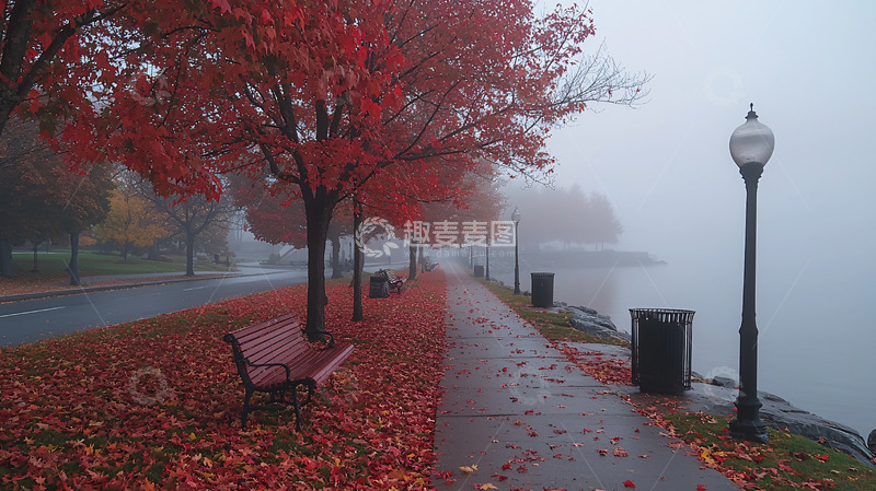 高清大图下载【趣麦麦图】秋日雾霭红叶小路