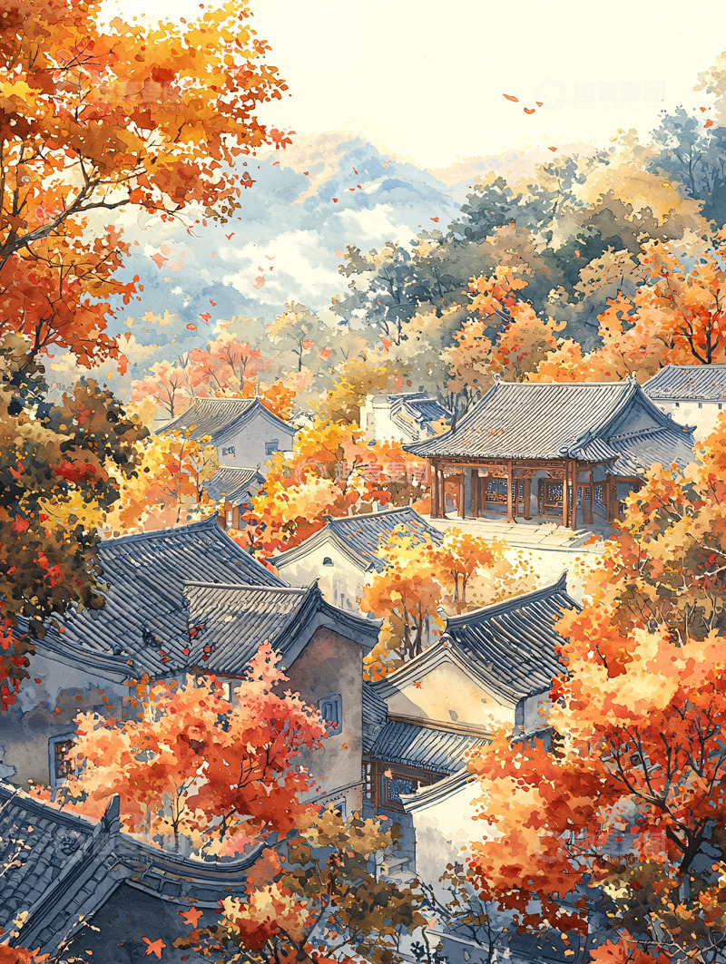 高清大图下载【趣麦麦图】秋日山村水彩画