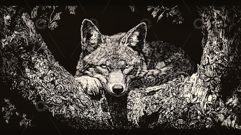 高清大图下载【趣麦麦图】树枝上的狼黑白素描