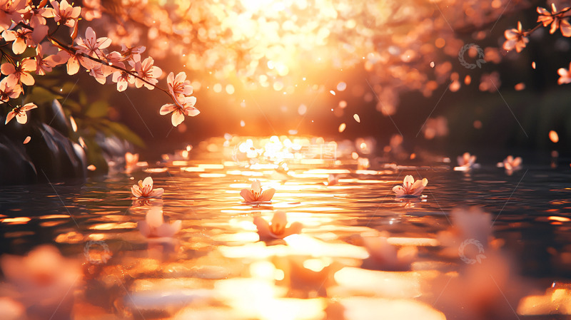 高清大图下载【趣麦麦图】落日余晖下的樱花溪流