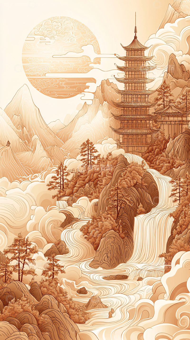 高清大图下载【趣麦麦图】中国风山水塔楼瀑布云雾