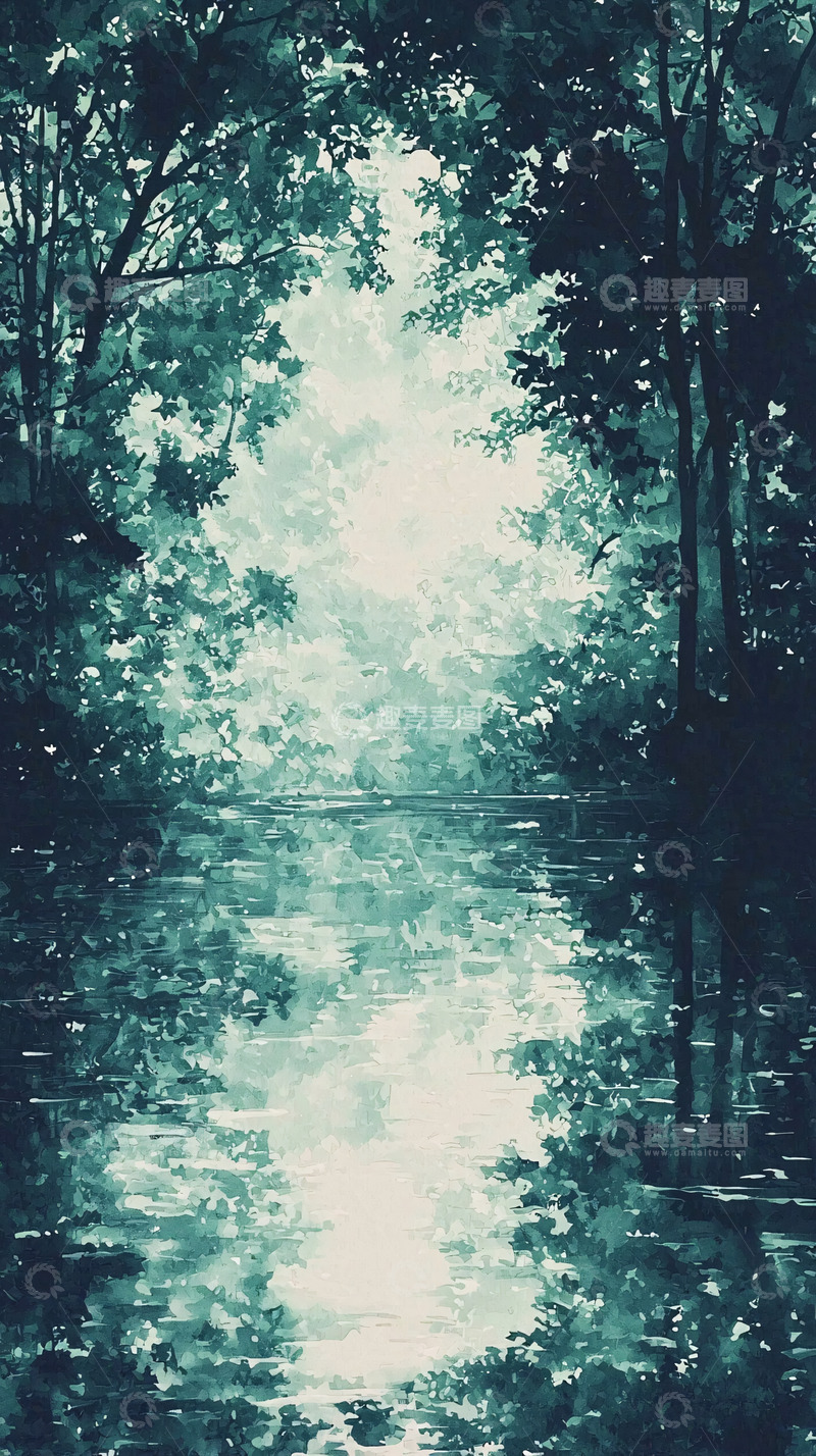 高清大图下载【趣麦麦图】水墨画森林倒影