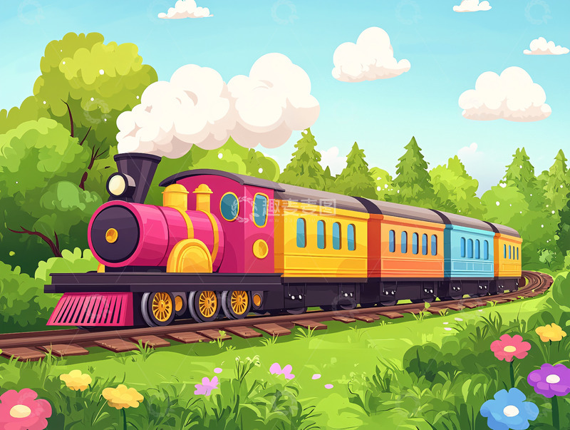 高清大图下载【趣麦麦图】卡通火车行驶在绿野上