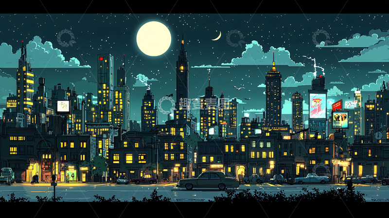 高清大图下载【趣麦麦图】像素风格夜景城市
