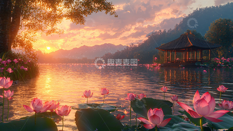 高清大图下载【趣麦麦图】宁静湖面上的莲花日落