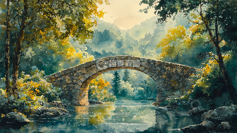 高清大图下载【趣麦麦图】山间古桥流水风景画