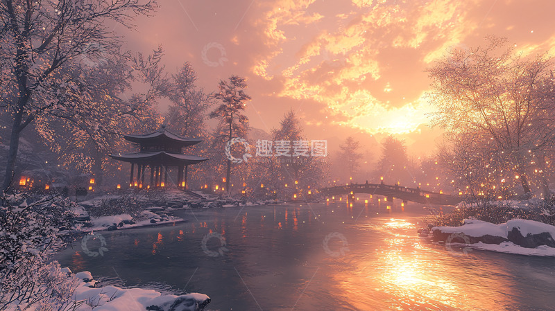 高清大图下载【趣麦麦图】冬季雪景中的日落光辉