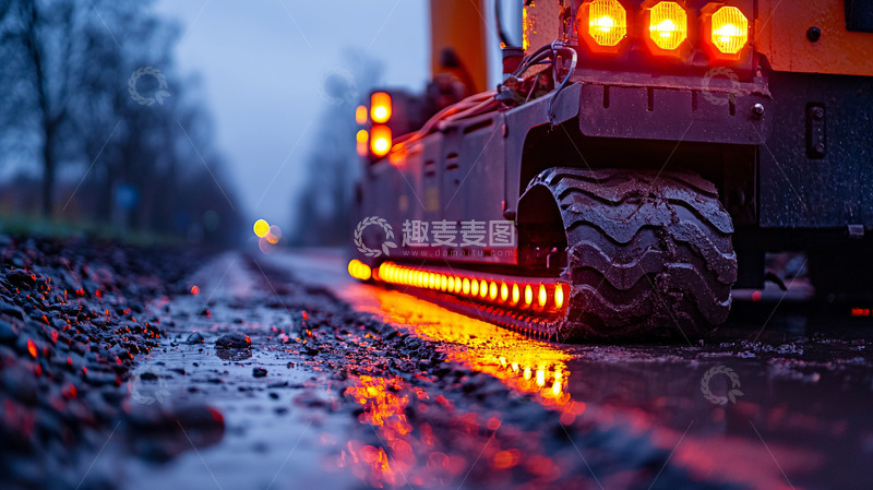 高清大图下载【趣麦麦图】泥泞道路上的工程车灯光