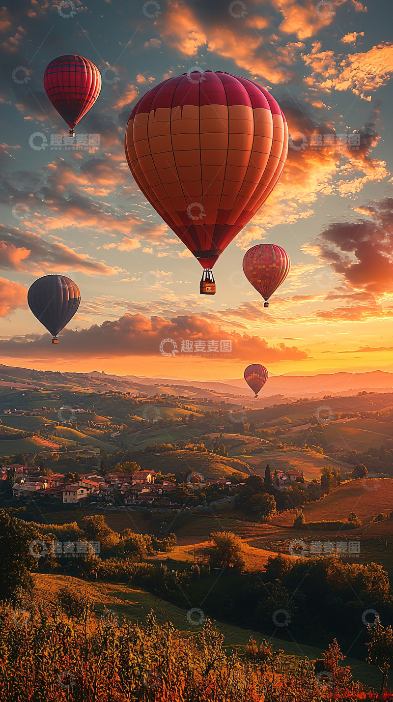 高清大图下载【趣麦麦图】热气球在日落时分飞行