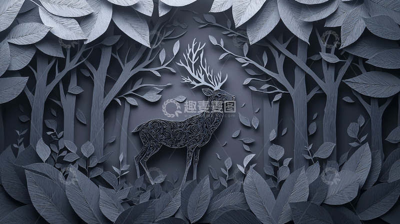 高清大图下载【趣麦麦图】灰暗色系森林剪纸鹿