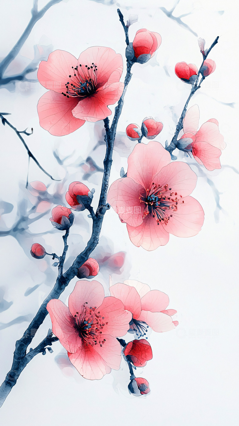 高清大图下载【趣麦麦图】粉色梅花水墨画