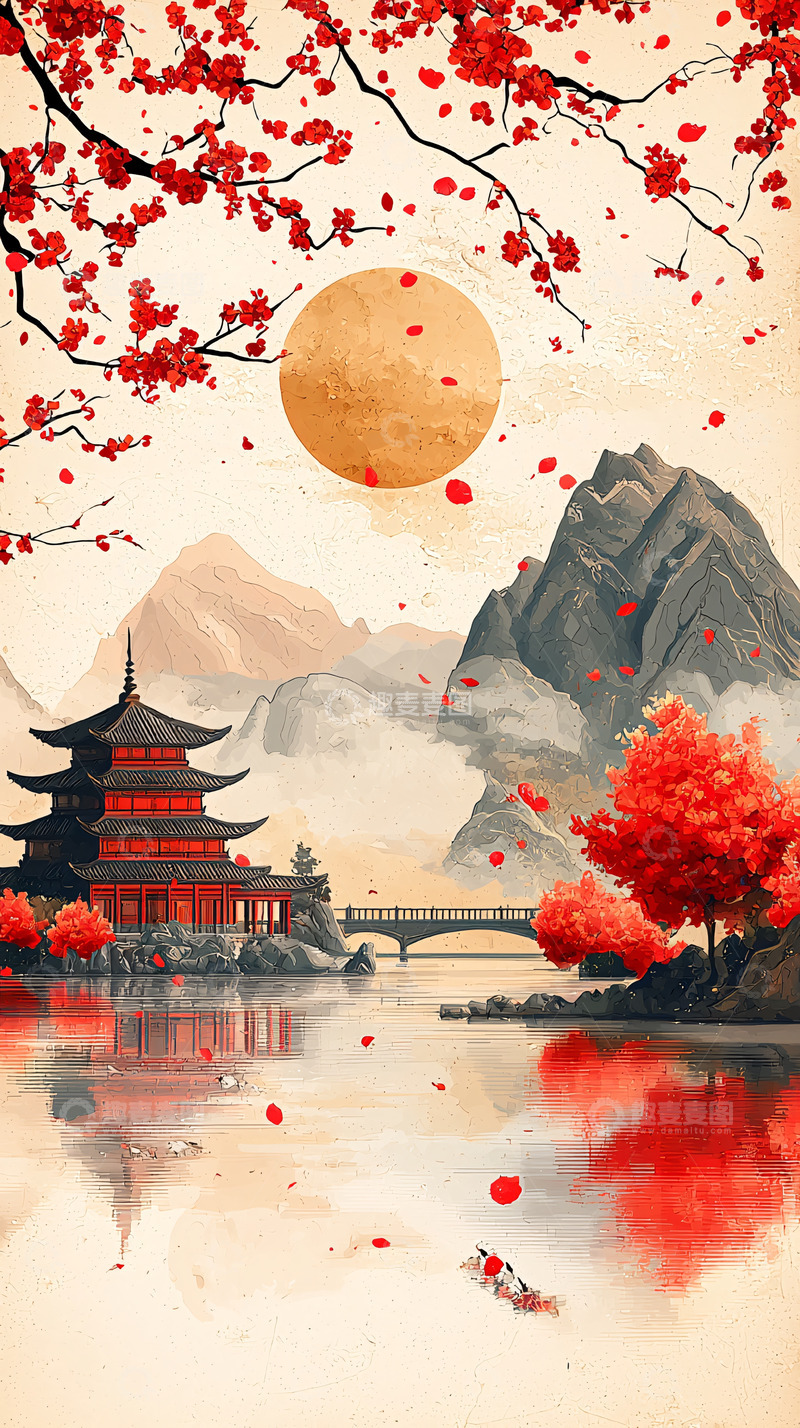 高清大图下载【趣麦麦图】红叶寺庙山水画